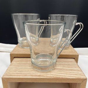 Set of 3 Bormioli Rocco Clear Glass Mugs Cups with Metal Band Handle Tempered